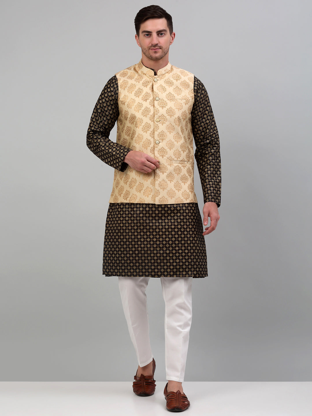 Jompers Men's Printed Nehru Jacket With Kurta Pyjama Set - Cream