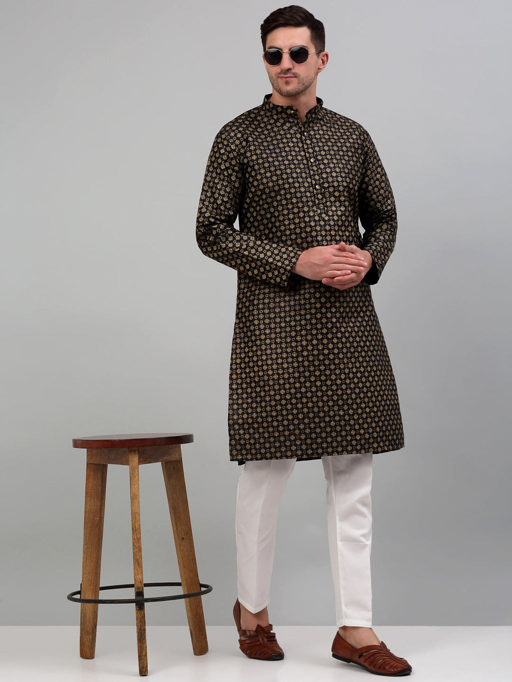 Jompers Men's Printed Nehru Jacket With Kurta Pyjama Set - Cream