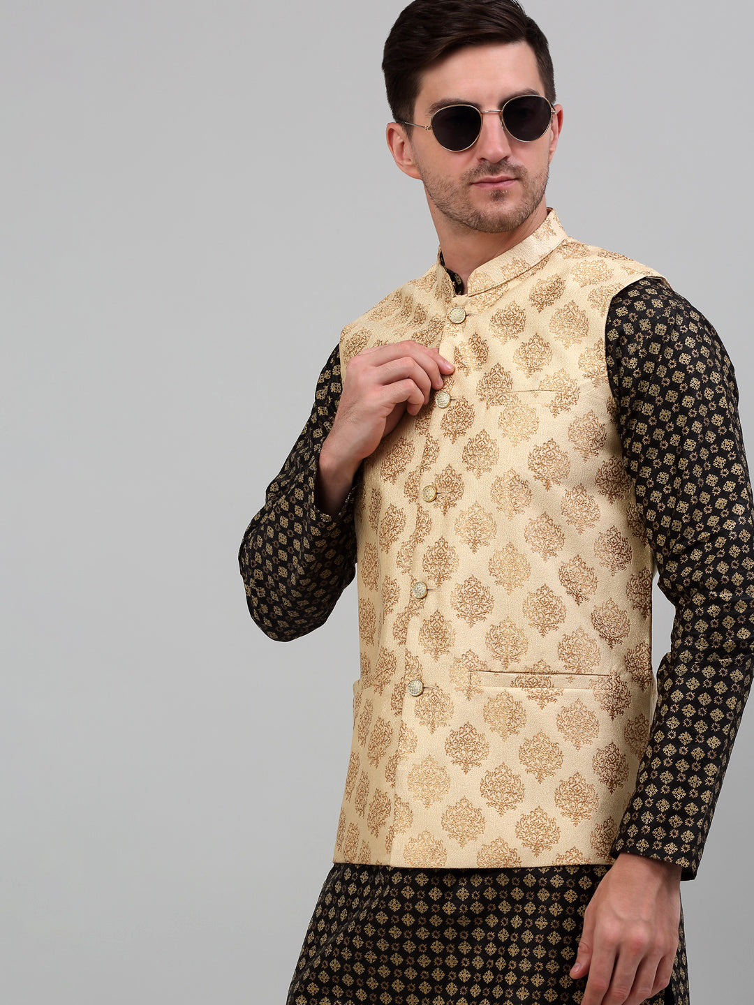 Jompers Men's Printed Nehru Jacket With Kurta Pyjama Set - Cream