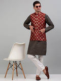 Jompers Men's Printed Nehru Jacket With Kurta Pyjama Set - Maroon