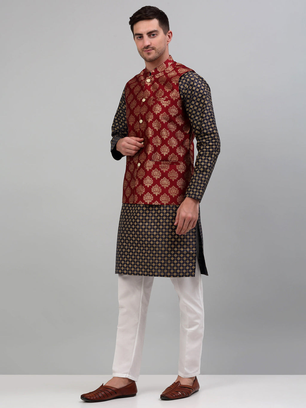 Jompers Men's Printed Nehru Jacket With Kurta Pyjama Set - Maroon