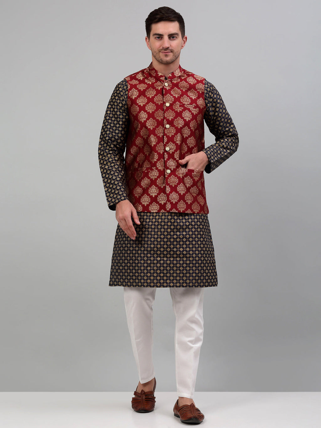 Jompers Men's Printed Nehru Jacket With Kurta Pyjama Set - Maroon