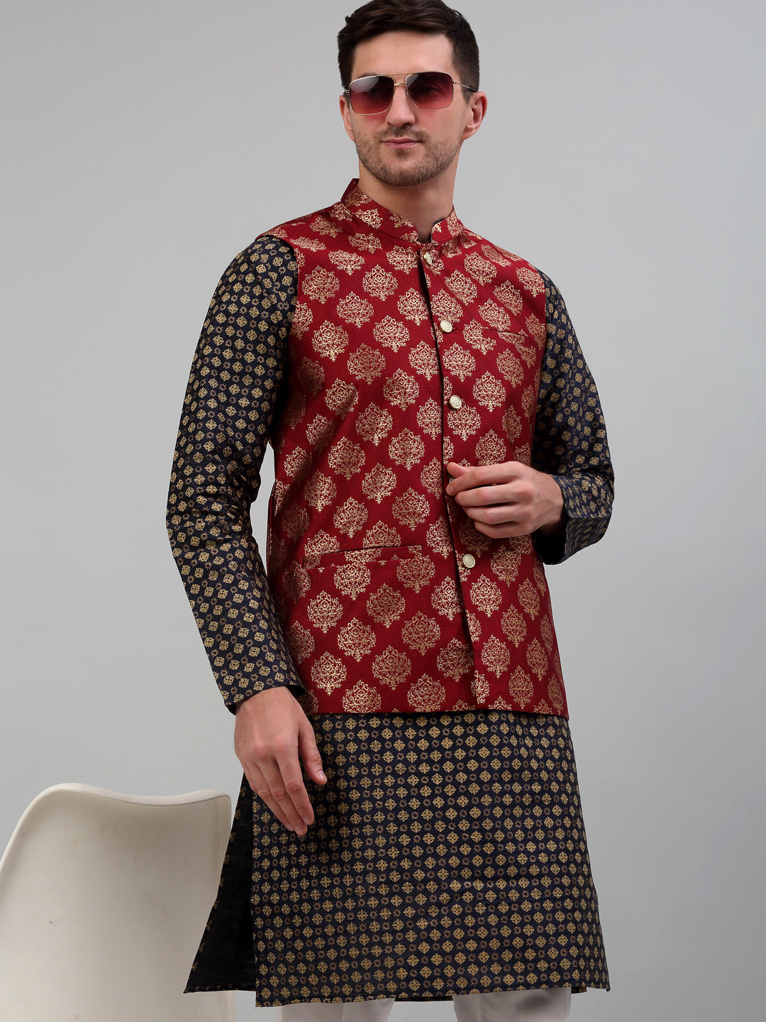 Jompers Men's Printed Nehru Jacket With Kurta Pyjama Set - Maroon