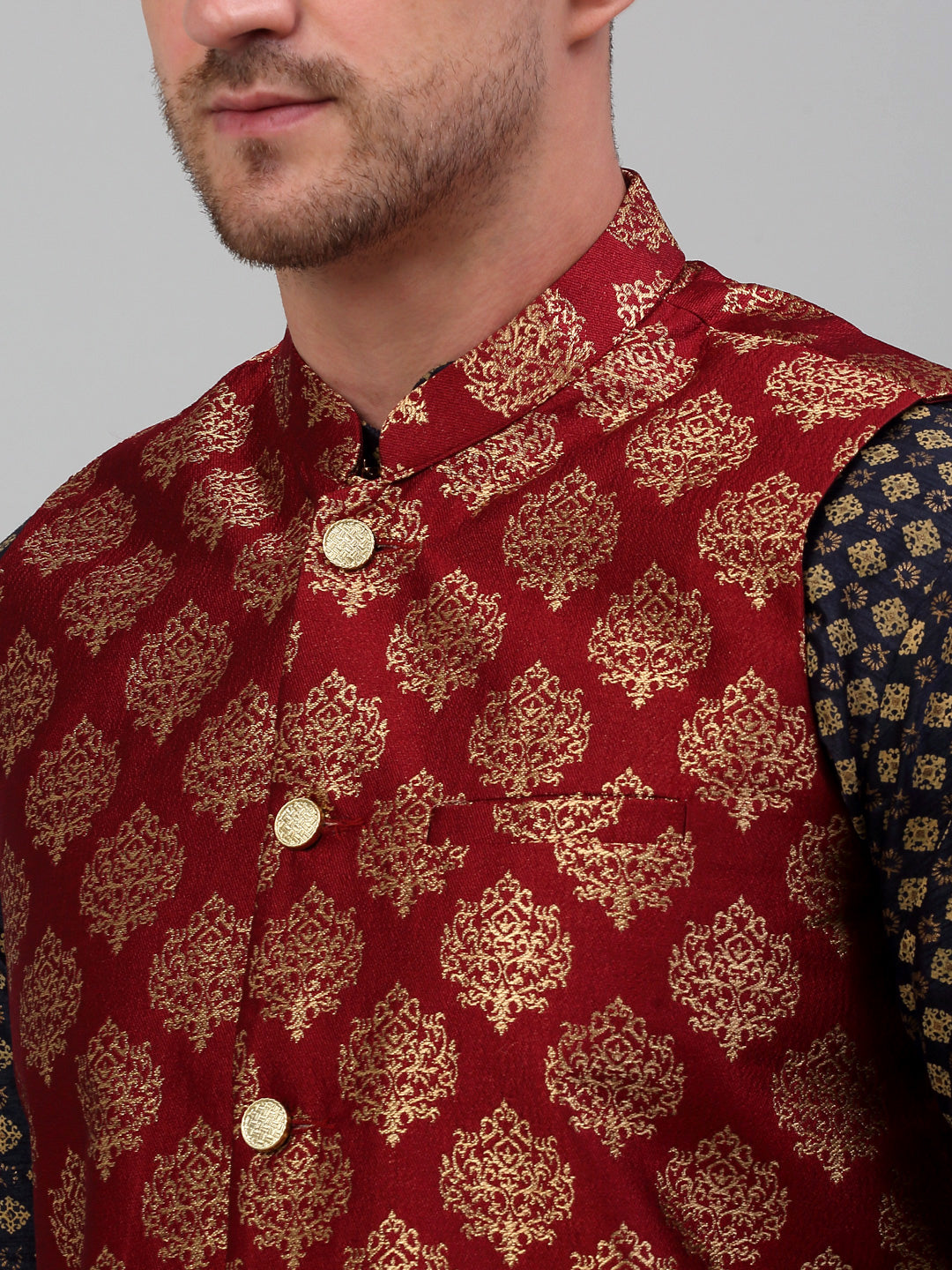 Jompers Men's Printed Nehru Jacket With Kurta Pyjama Set - Maroon
