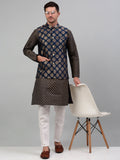 Jompers Men's Printed Nehru Jacket With Kurta Pyjama Set - Navy Blue