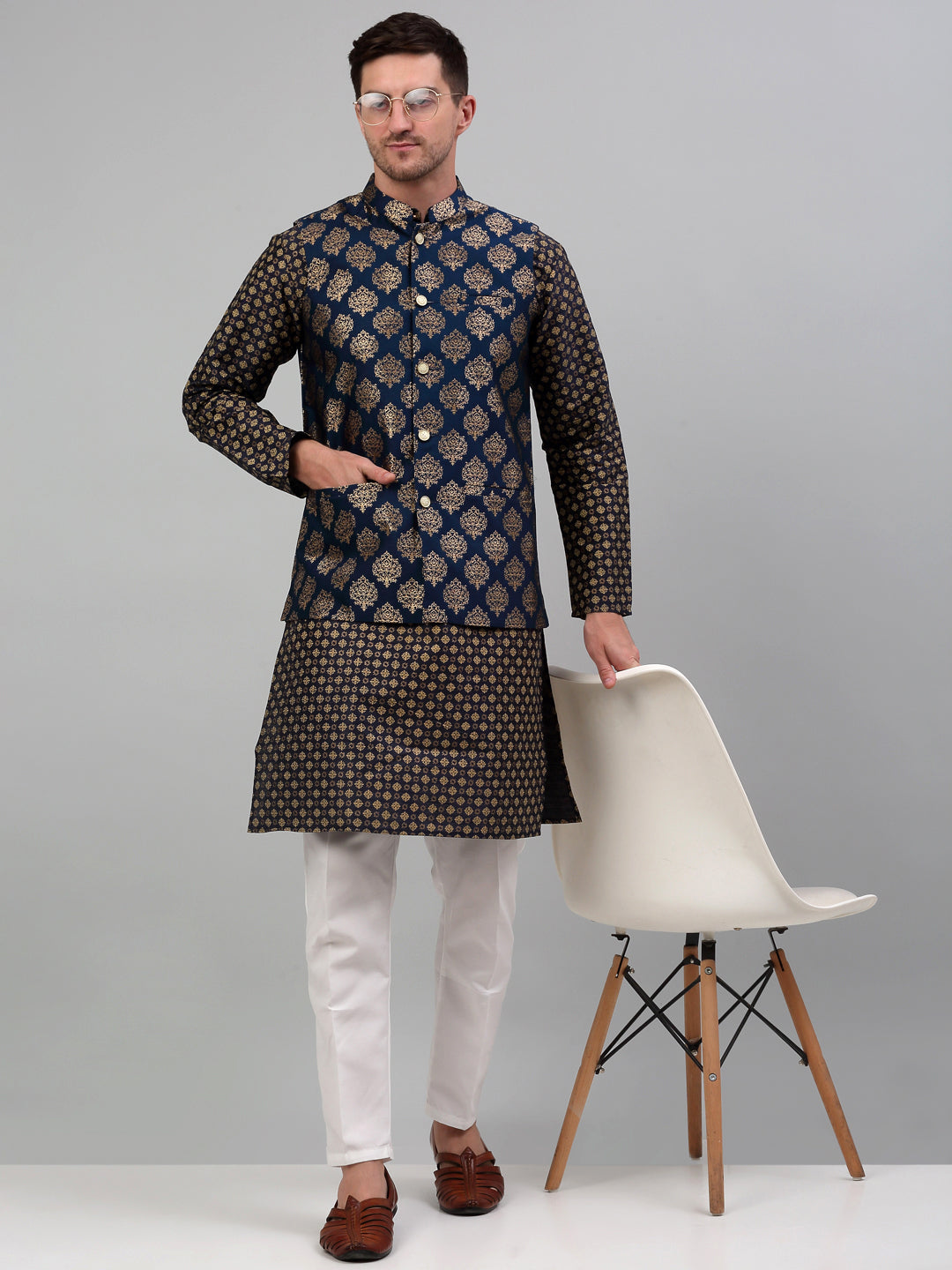 Jompers Men's Printed Nehru Jacket With Kurta Pyjama Set - Navy Blue