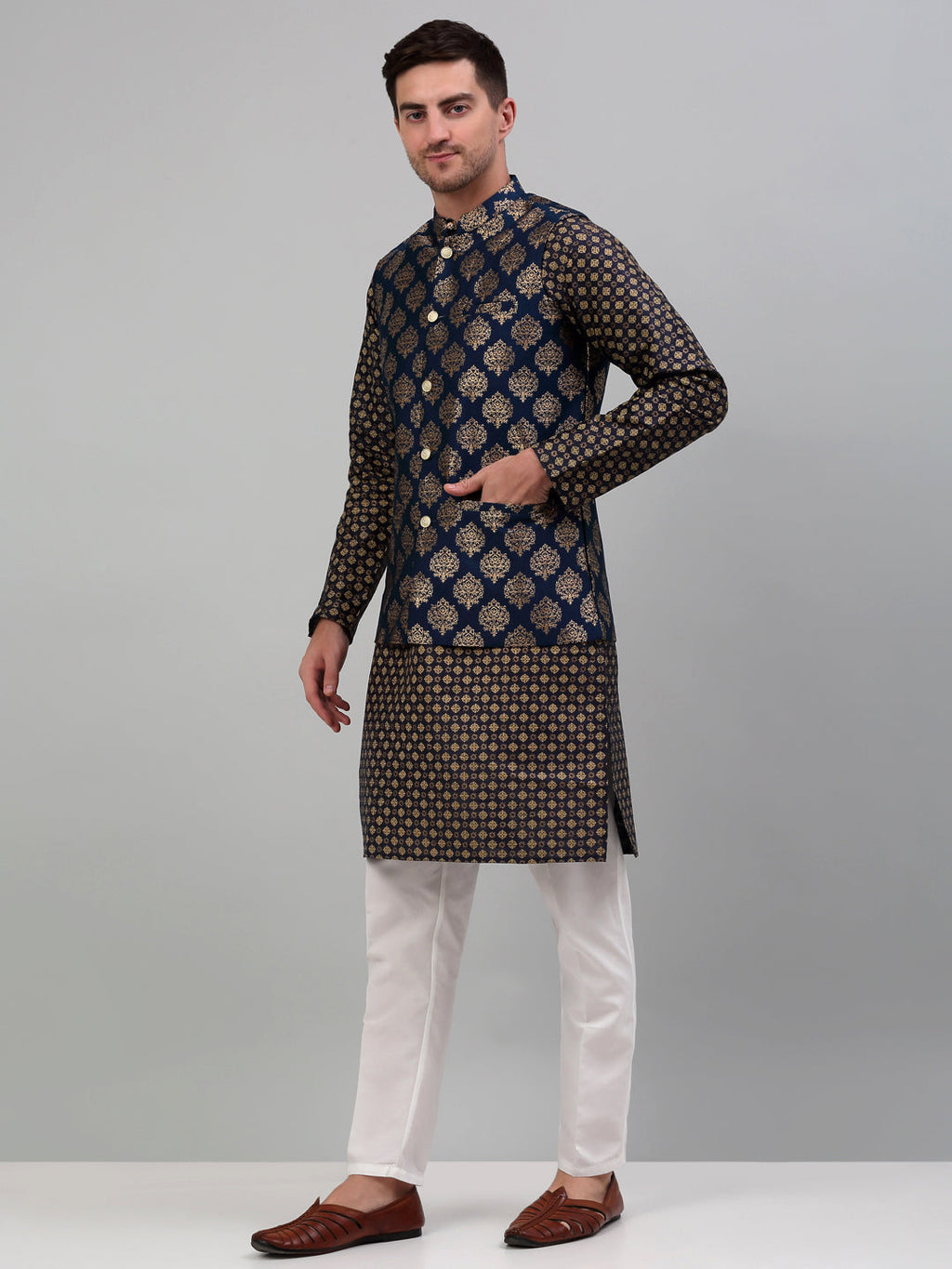 Jompers Men's Printed Nehru Jacket With Kurta Pyjama Set - Navy Blue