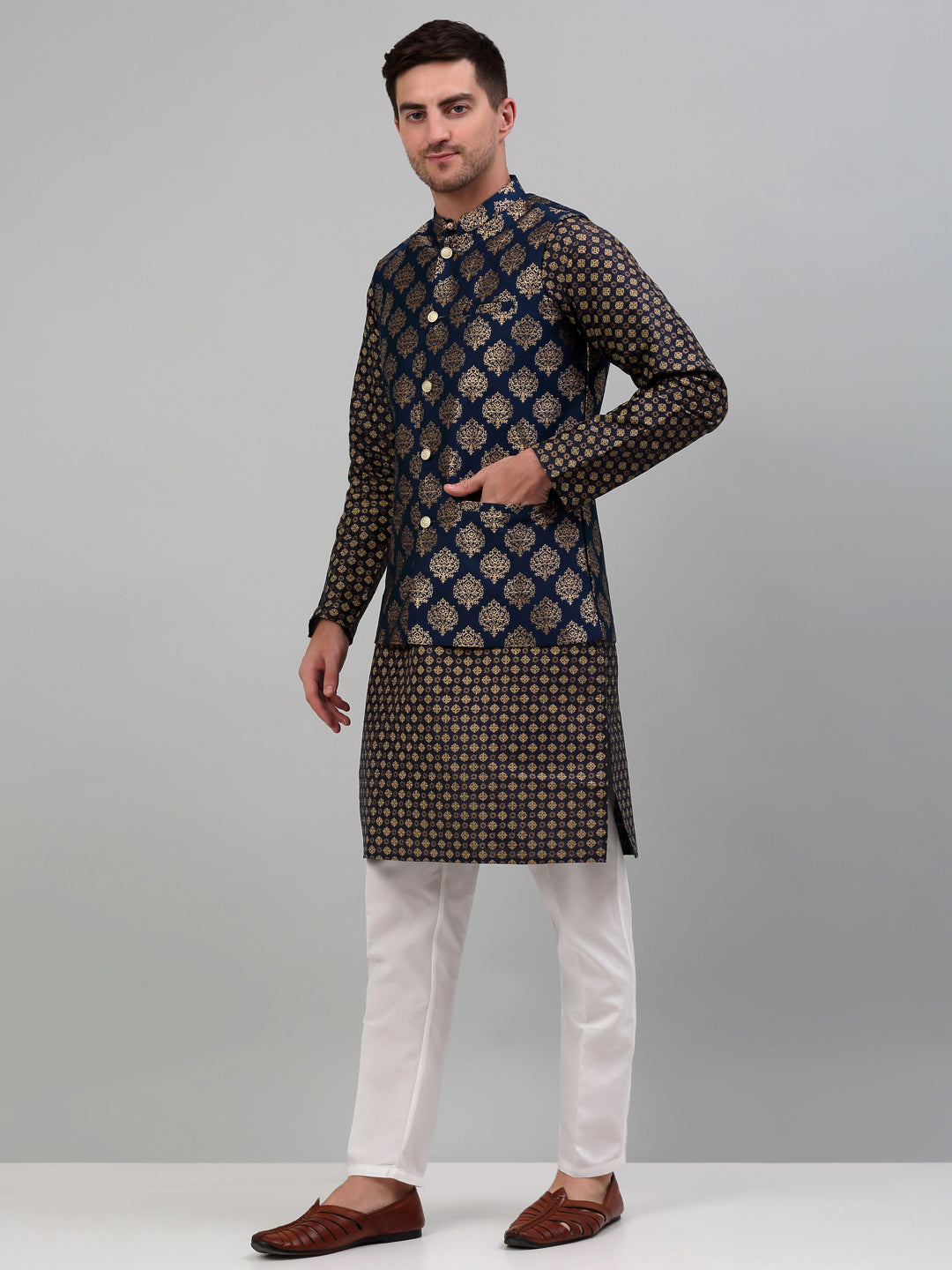 Jompers Men's Printed Nehru Jacket With Kurta Pyjama Set - Navy Blue