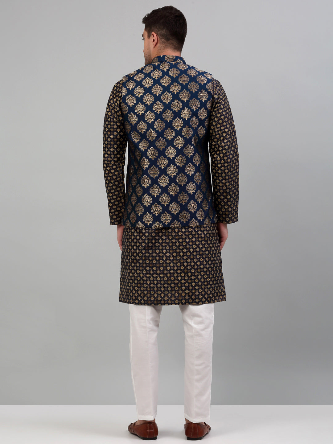 Jompers Men's Printed Nehru Jacket With Kurta Pyjama Set - Navy Blue