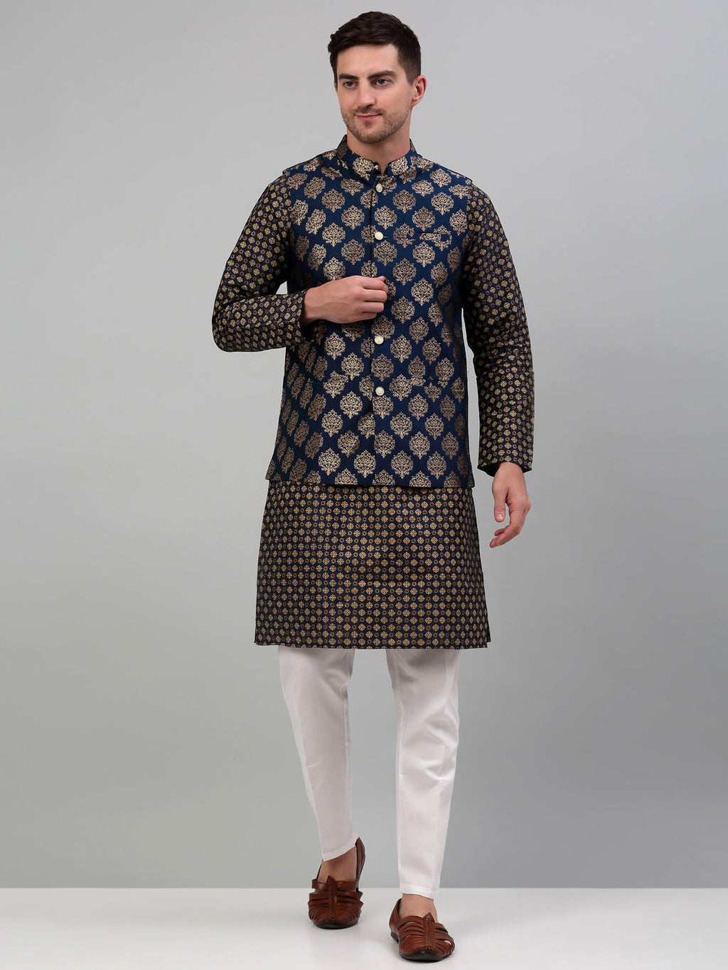 Jompers Men's Printed Nehru Jacket With Kurta Pyjama Set - Navy Blue