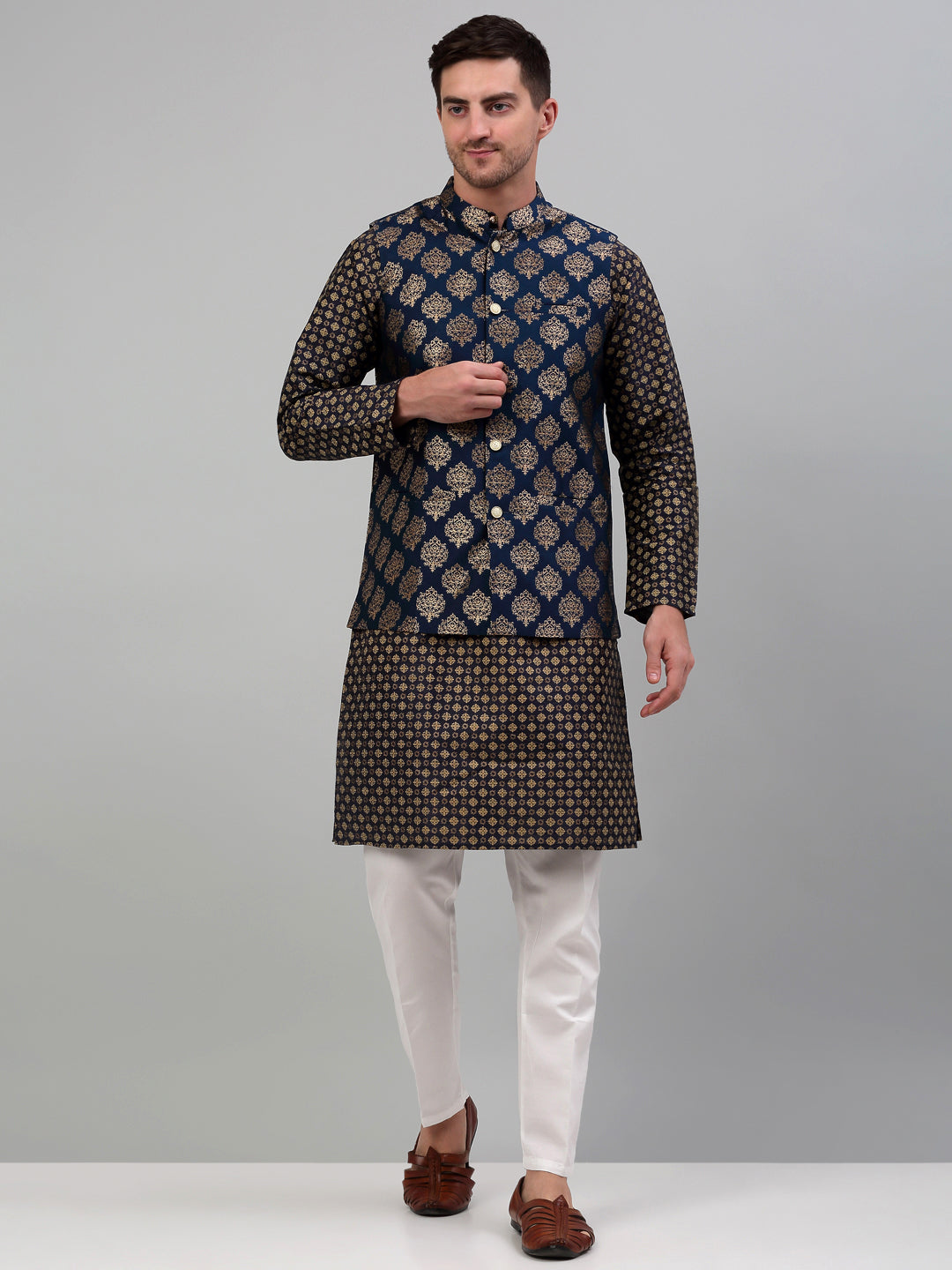 Jompers Men's Printed Nehru Jacket With Kurta Pyjama Set - Navy Blue