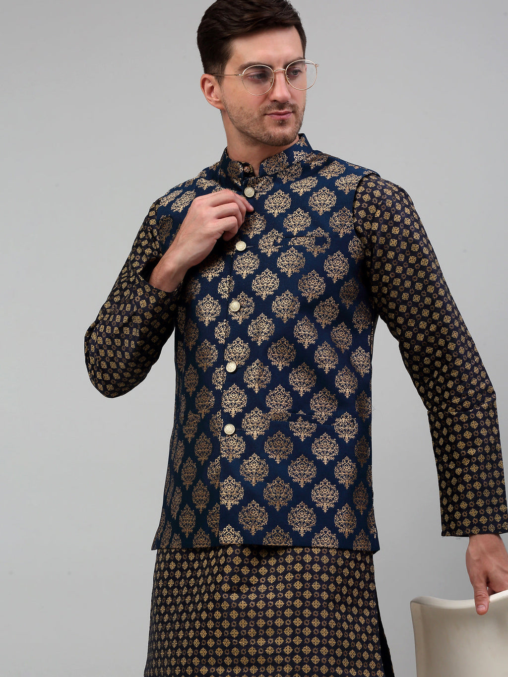 Jompers Men's Printed Nehru Jacket With Kurta Pyjama Set - Navy Blue