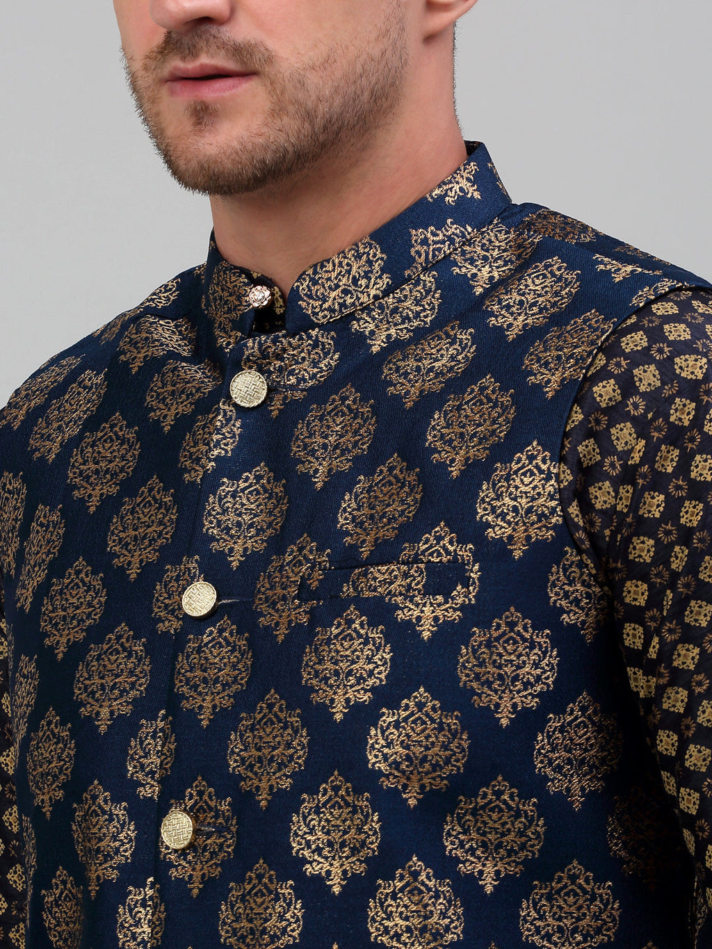 Jompers Men's Printed Nehru Jacket With Kurta Pyjama Set - Navy Blue