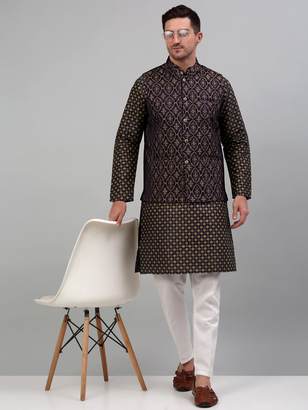 Jompers Men's Woven Design Nehru Jacket with Printed Kurta Pyjama Set - Brown