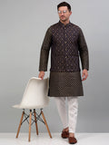 Jompers Men's Woven Design Nehru Jacket with Printed Kurta Pyjama Set - Brown
