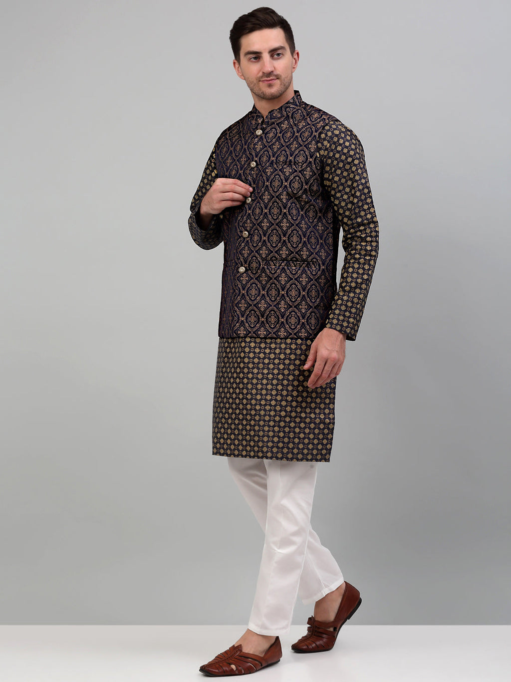 Jompers Men's Woven Design Nehru Jacket with Printed Kurta Pyjama Set - Brown