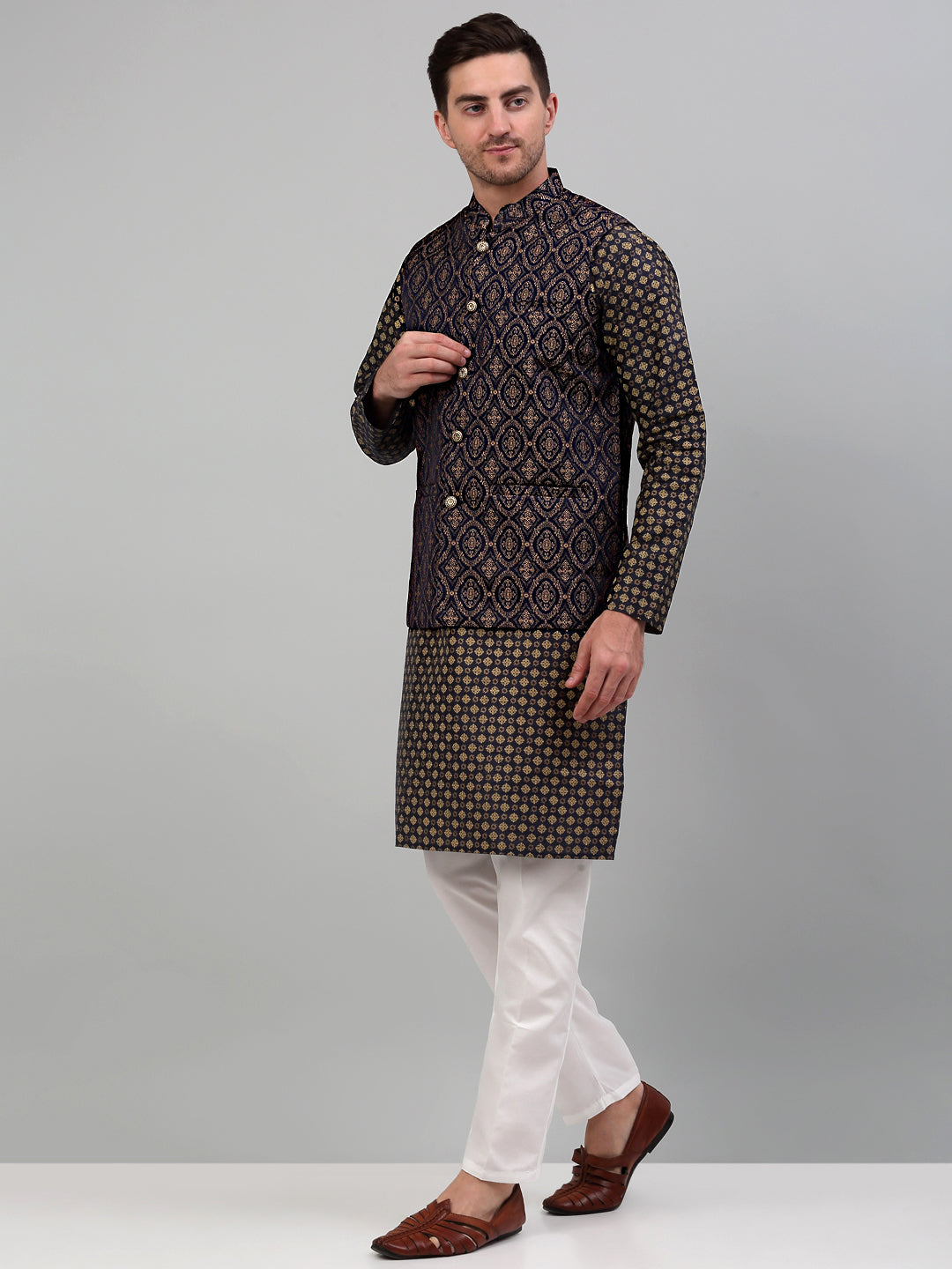 Jompers Men's Woven Design Nehru Jacket with Printed Kurta Pyjama Set - Brown