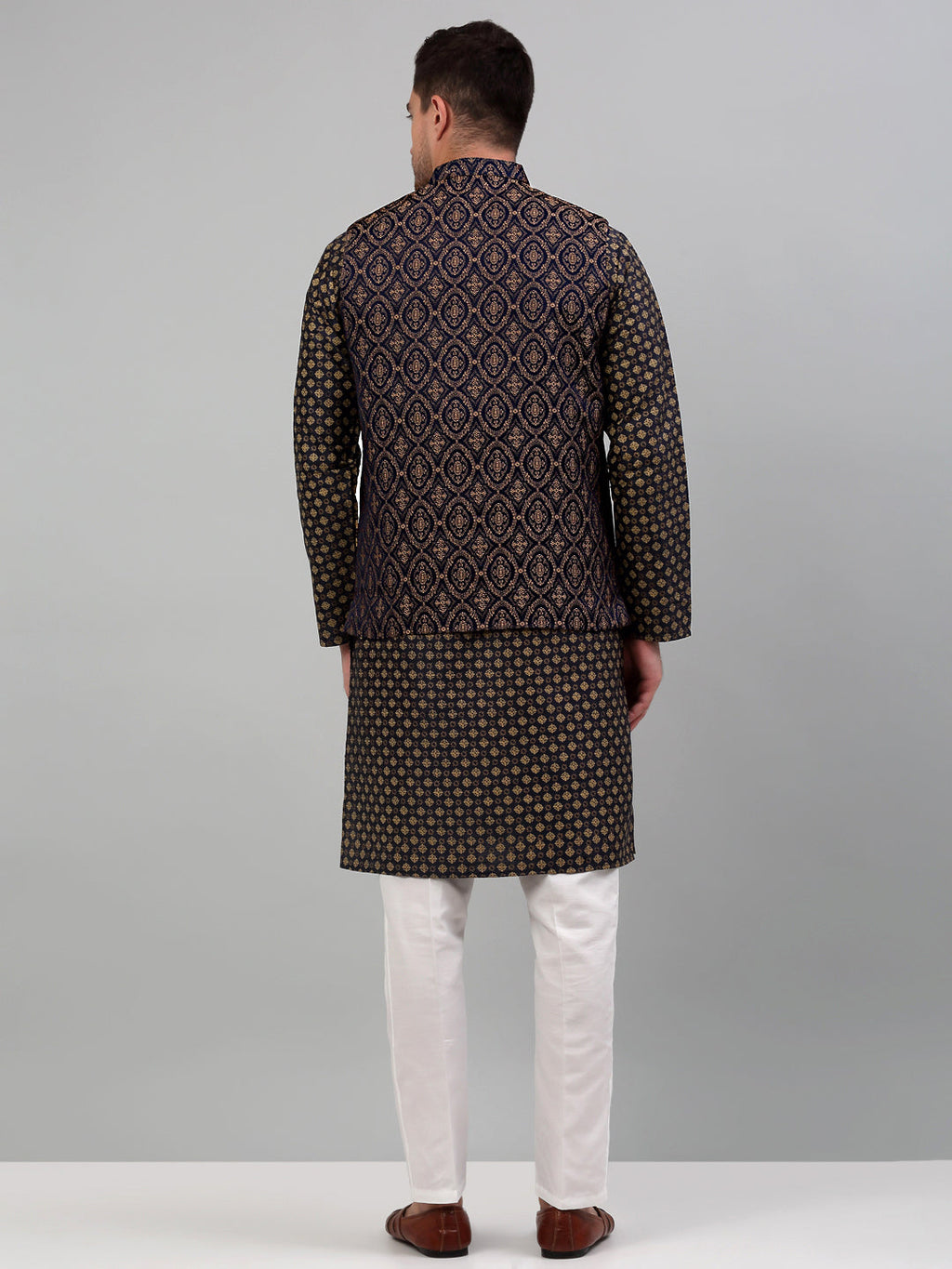 Jompers Men's Woven Design Nehru Jacket with Printed Kurta Pyjama Set - Brown