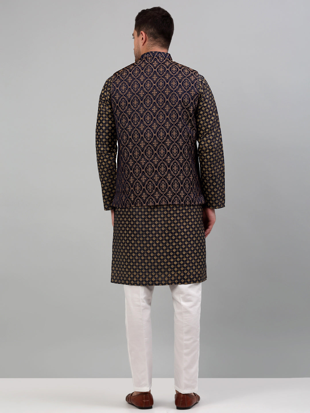 Jompers Men's Woven Design Nehru Jacket with Printed Kurta Pyjama Set - Brown