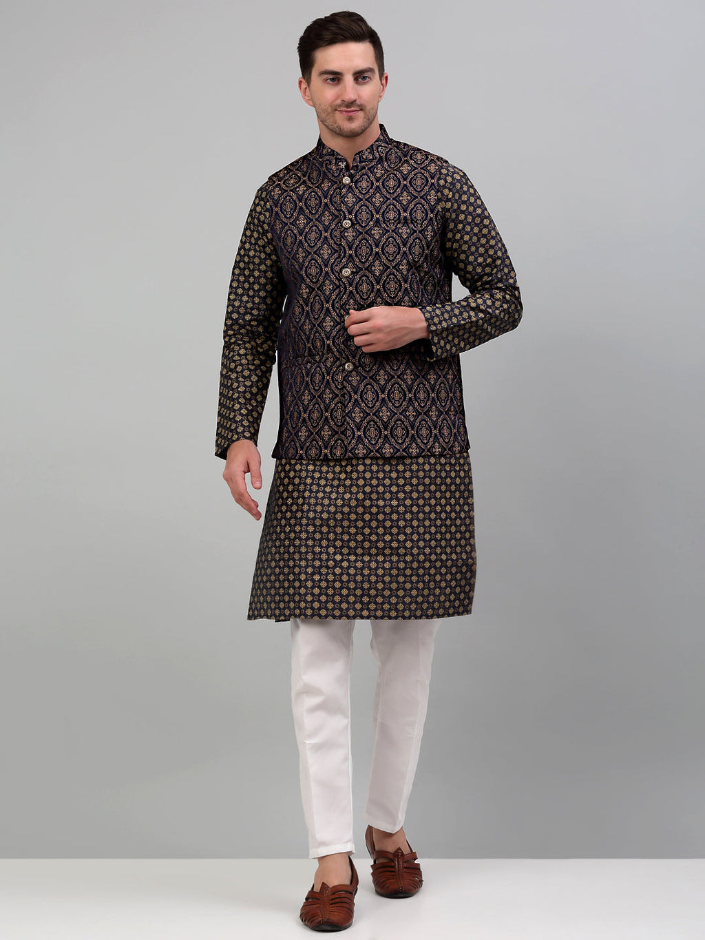 Jompers Men's Woven Design Nehru Jacket with Printed Kurta Pyjama Set - Brown