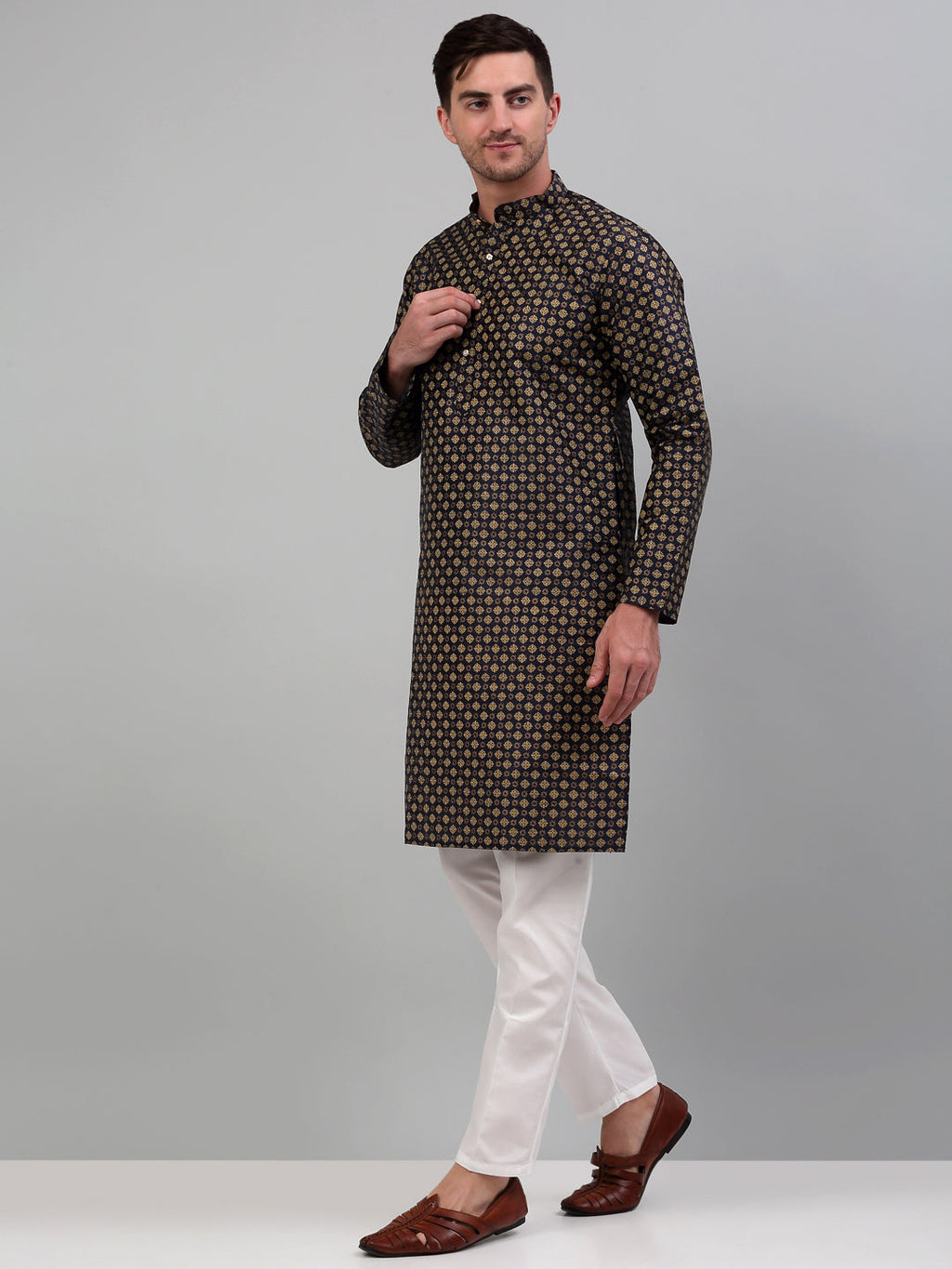 Jompers Men's Woven Design Nehru Jacket with Printed Kurta Pyjama Set - Brown
