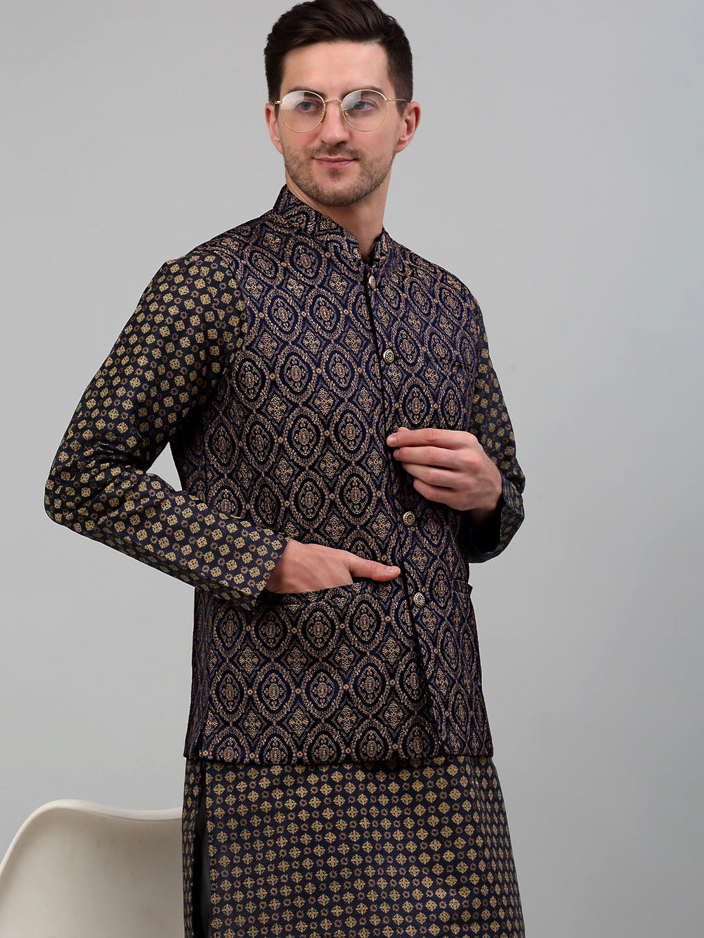 Jompers Men's Woven Design Nehru Jacket with Printed Kurta Pyjama Set - Brown