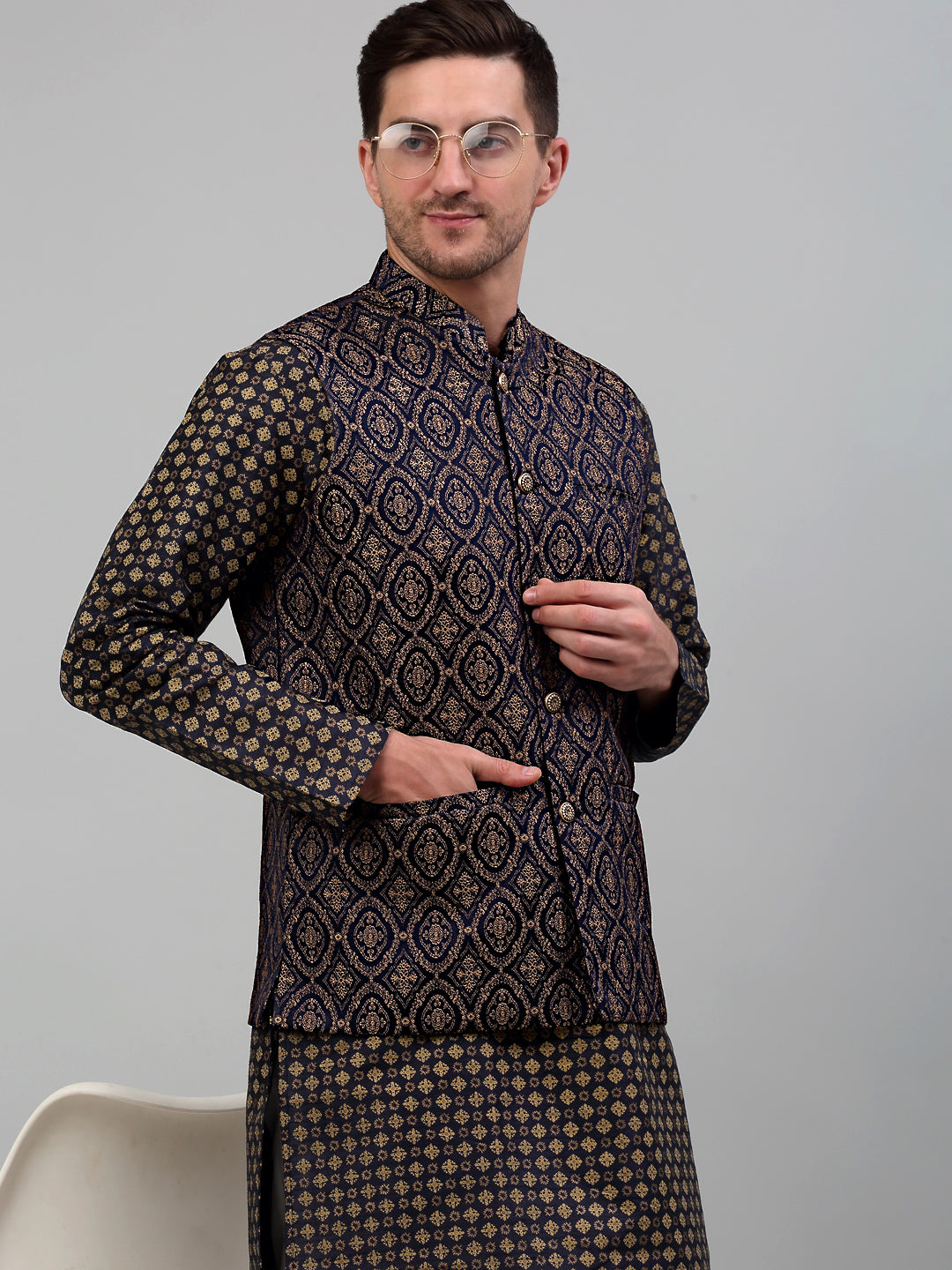 Jompers Men's Woven Design Nehru Jacket with Printed Kurta Pyjama Set - Brown