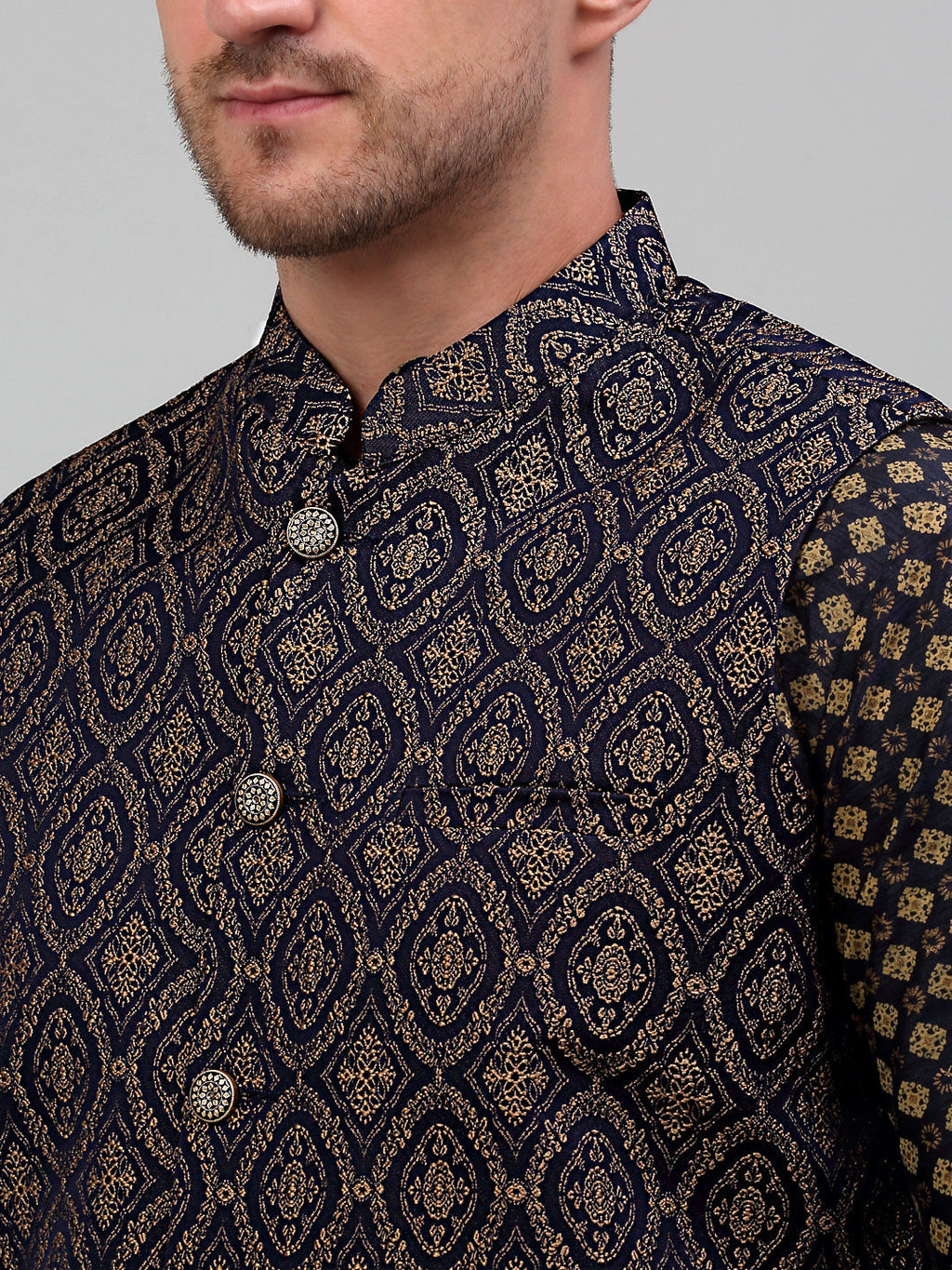Jompers Men's Woven Design Nehru Jacket with Printed Kurta Pyjama Set - Brown