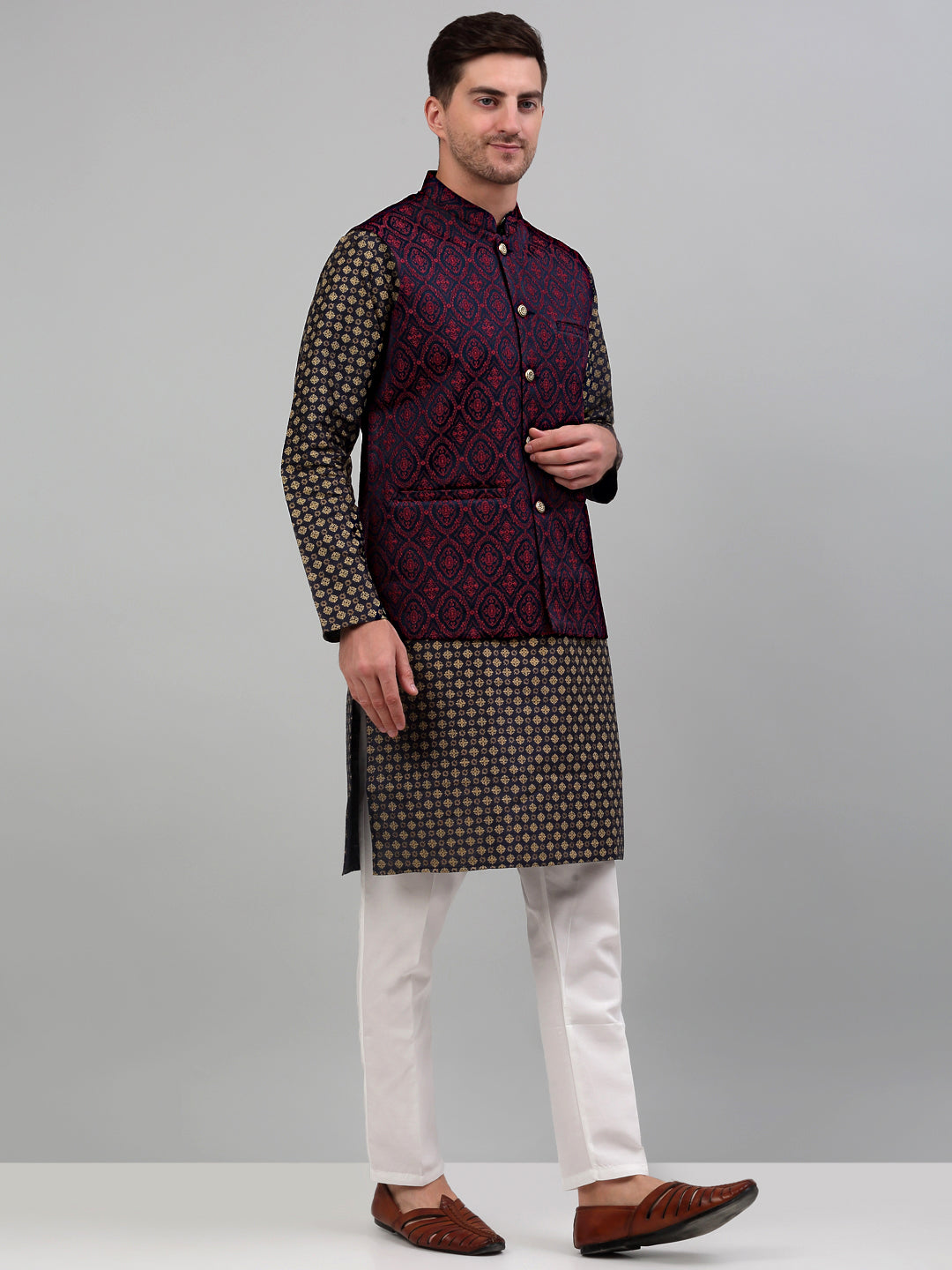 Jompers Men's Woven Design Nehru Jacket with Printed Kurta Pyjama Set - Maroon