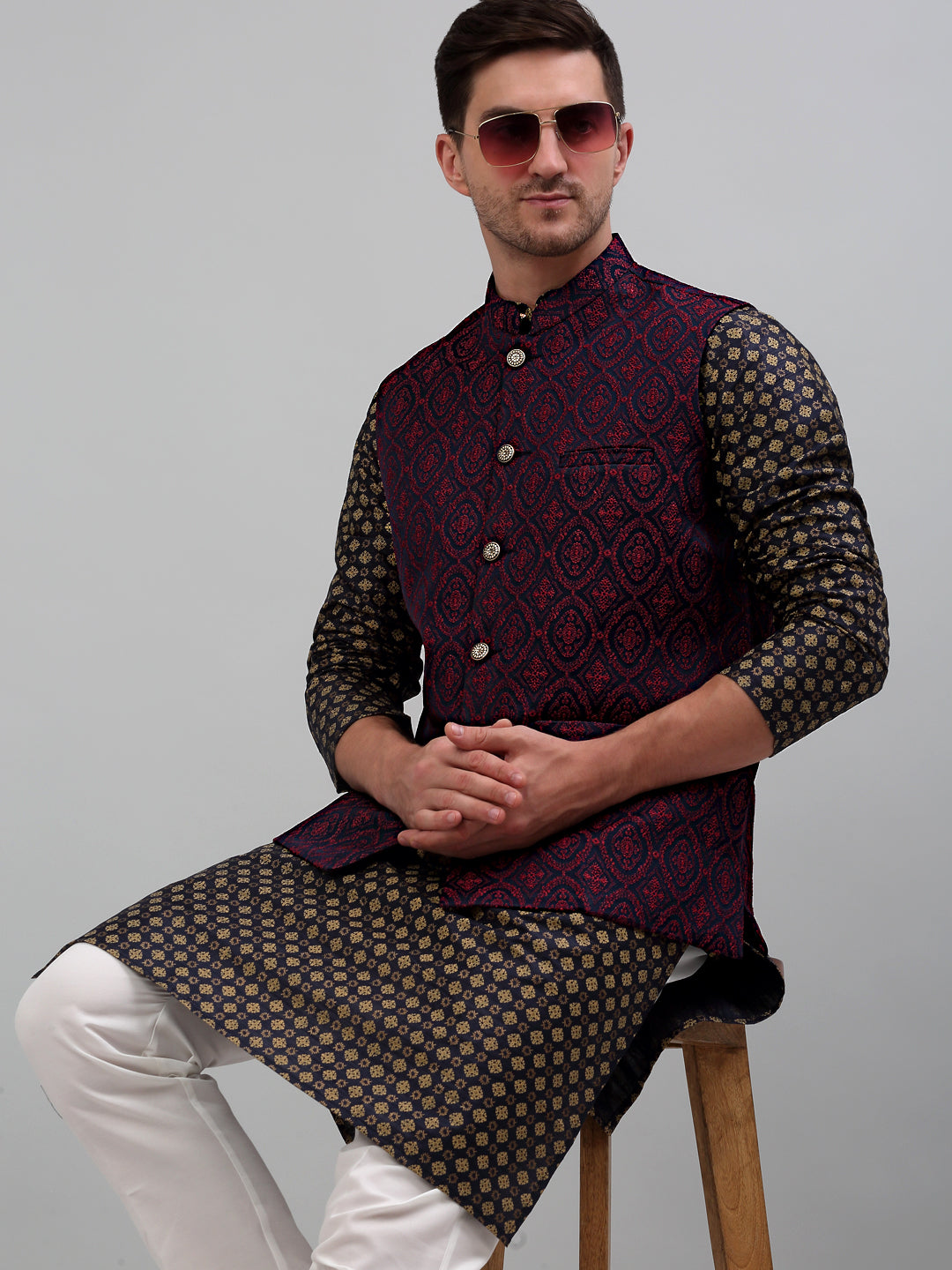 Jompers Men's Woven Design Nehru Jacket with Printed Kurta Pyjama Set - Maroon