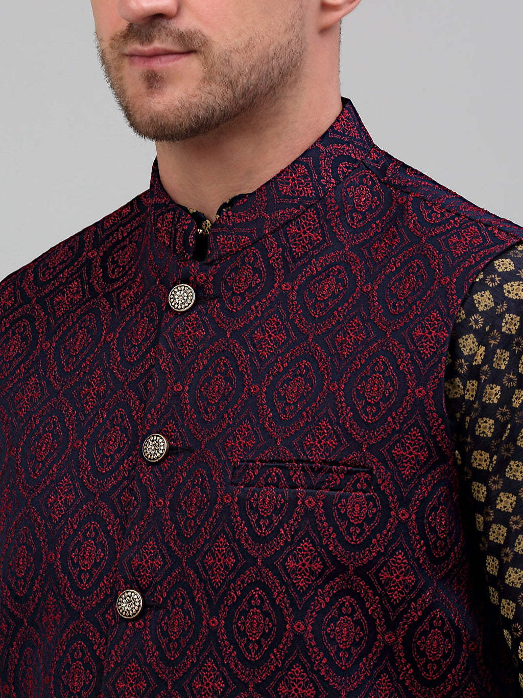 Jompers Men's Woven Design Nehru Jacket with Printed Kurta Pyjama Set - Maroon