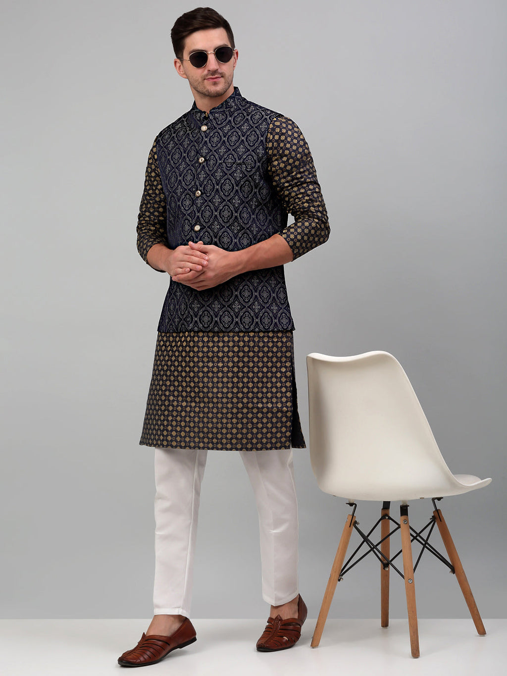 Jompers Men's Woven Design Nehru Jacket with Printed Kurta Pyjama Set - Silver
