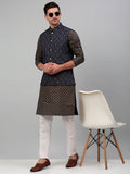 Jompers Men's Woven Design Nehru Jacket with Printed Kurta Pyjama Set - Silver