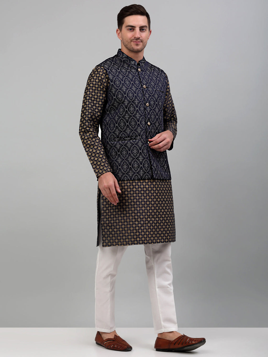 Jompers Men's Woven Design Nehru Jacket with Printed Kurta Pyjama Set - Silver
