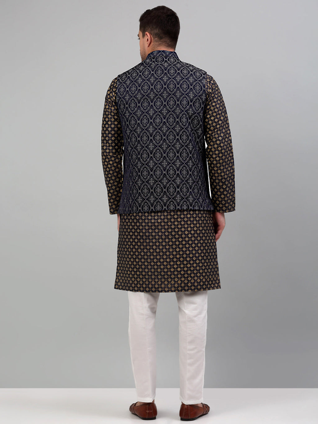 Jompers Men's Woven Design Nehru Jacket with Printed Kurta Pyjama Set - Silver