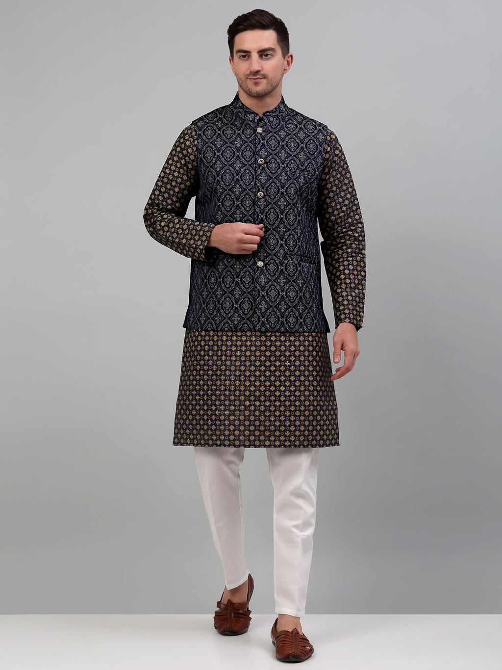 Jompers Men's Woven Design Nehru Jacket with Printed Kurta Pyjama Set - Silver