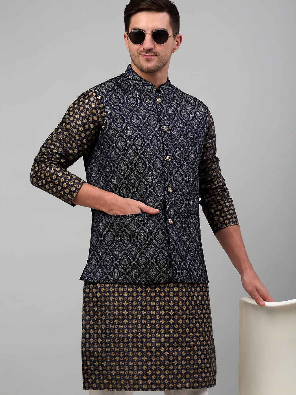 Jompers Men's Woven Design Nehru Jacket with Printed Kurta Pyjama Set - Silver