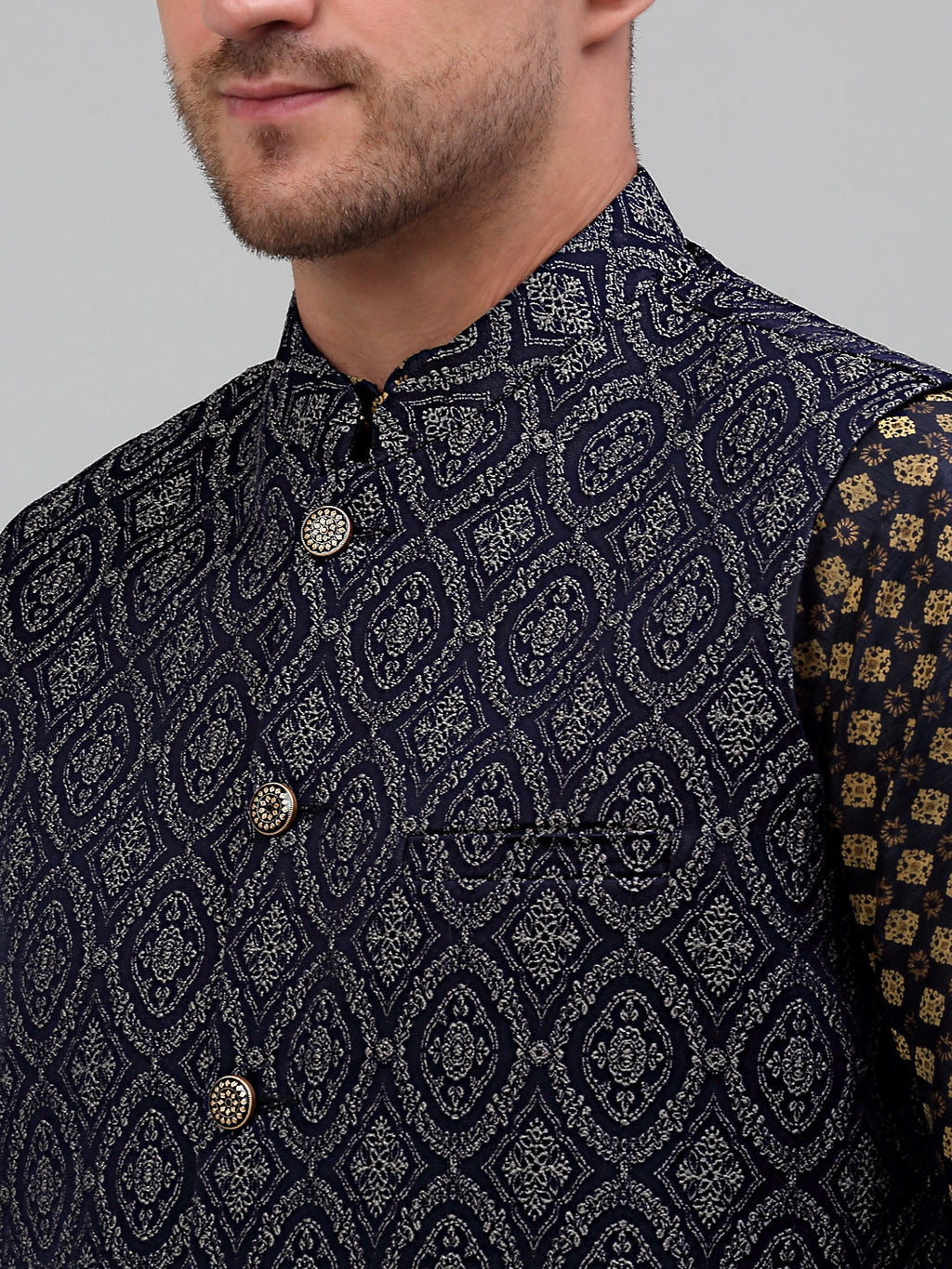Jompers Men's Woven Design Nehru Jacket with Printed Kurta Pyjama Set - Silver