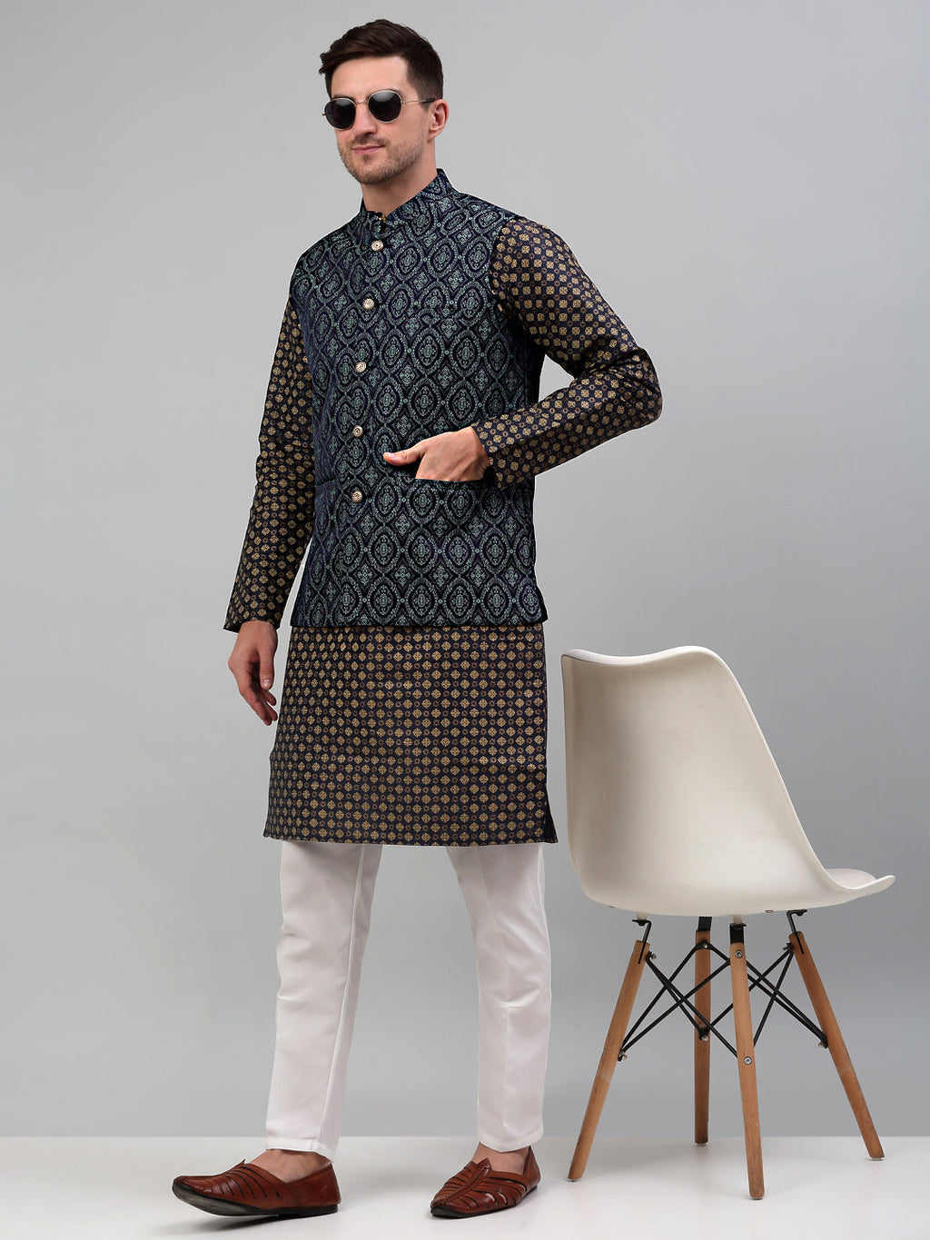 Jompers Men's Woven Design Nehru Jacket with Printed Kurta Pyjama Set - Teal