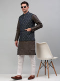 Jompers Men's Woven Design Nehru Jacket with Printed Kurta Pyjama Set - Teal