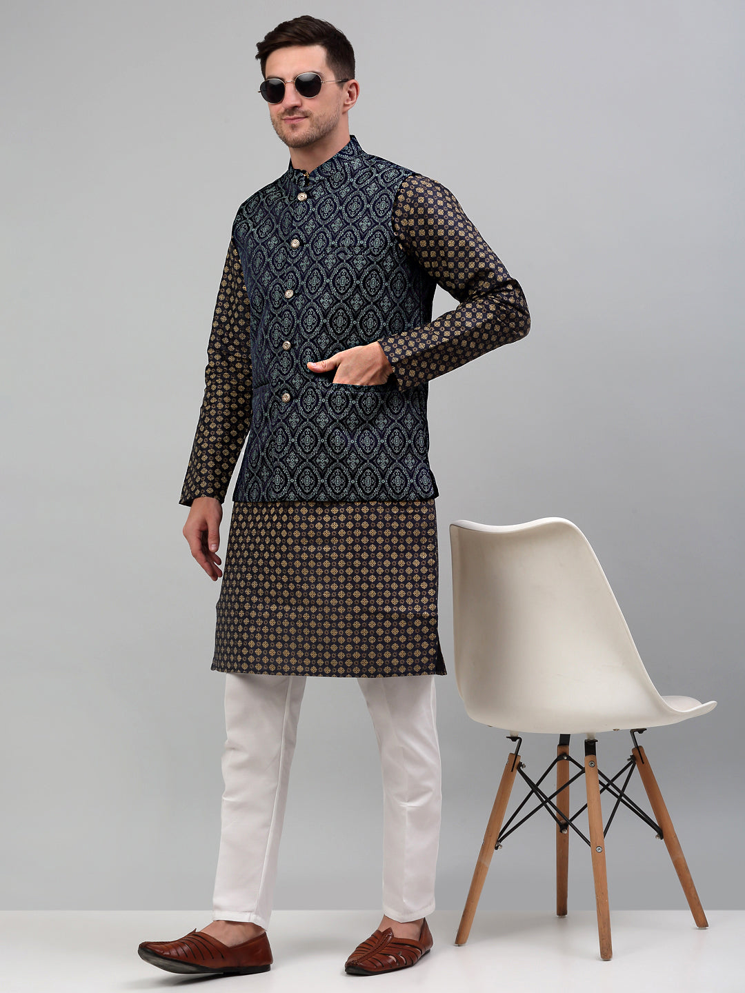Jompers Men's Woven Design Nehru Jacket with Printed Kurta Pyjama Set - Teal