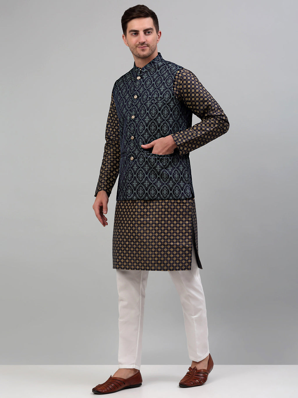 Jompers Men's Woven Design Nehru Jacket with Printed Kurta Pyjama Set - Teal