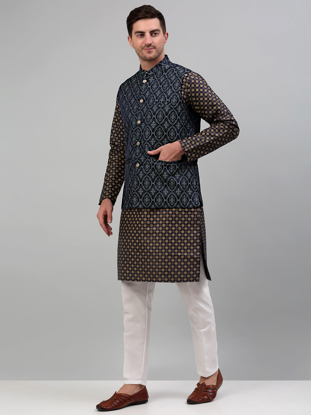 Jompers Men's Woven Design Nehru Jacket with Printed Kurta Pyjama Set - Teal