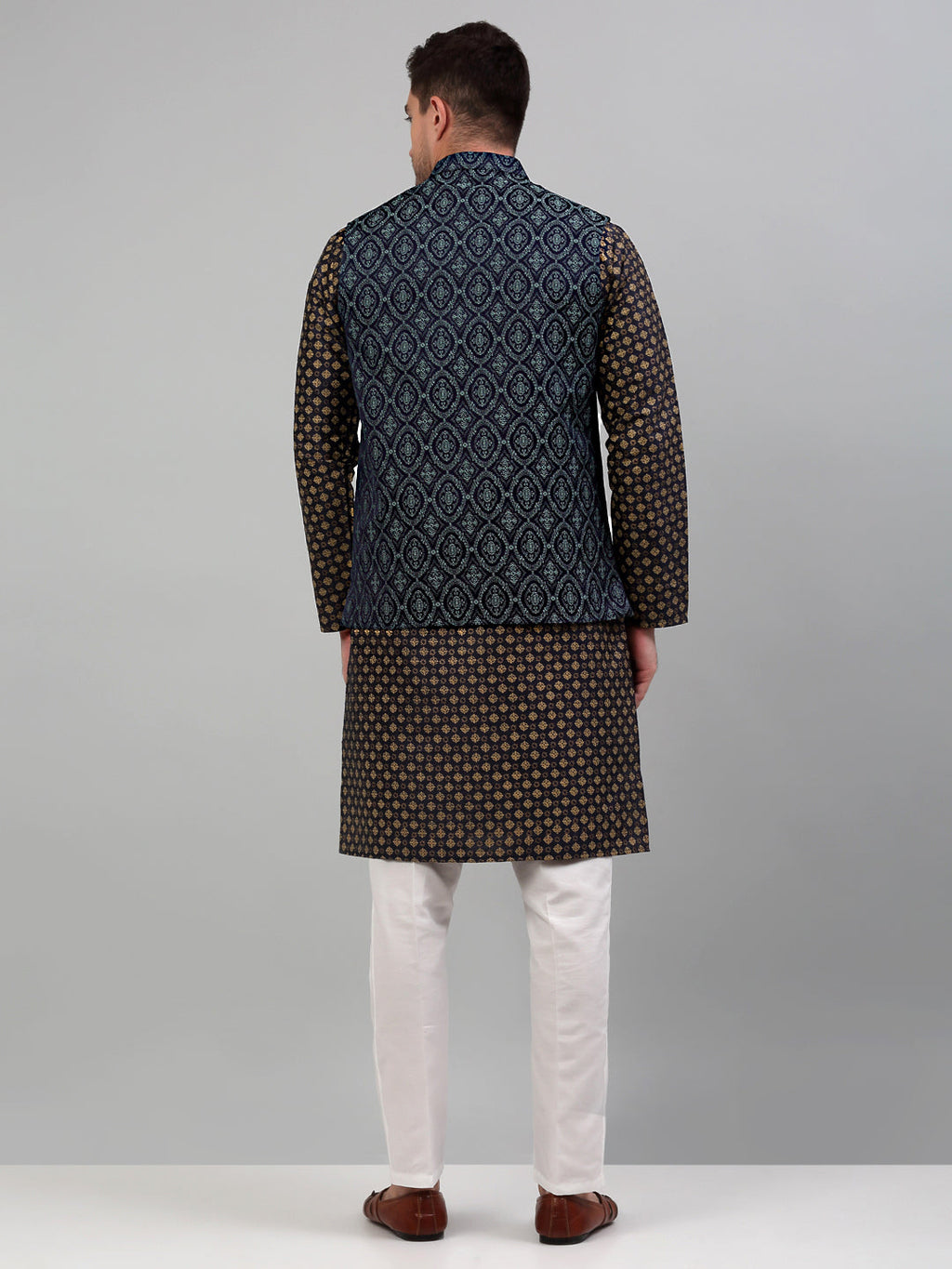 Jompers Men's Woven Design Nehru Jacket with Printed Kurta Pyjama Set - Teal