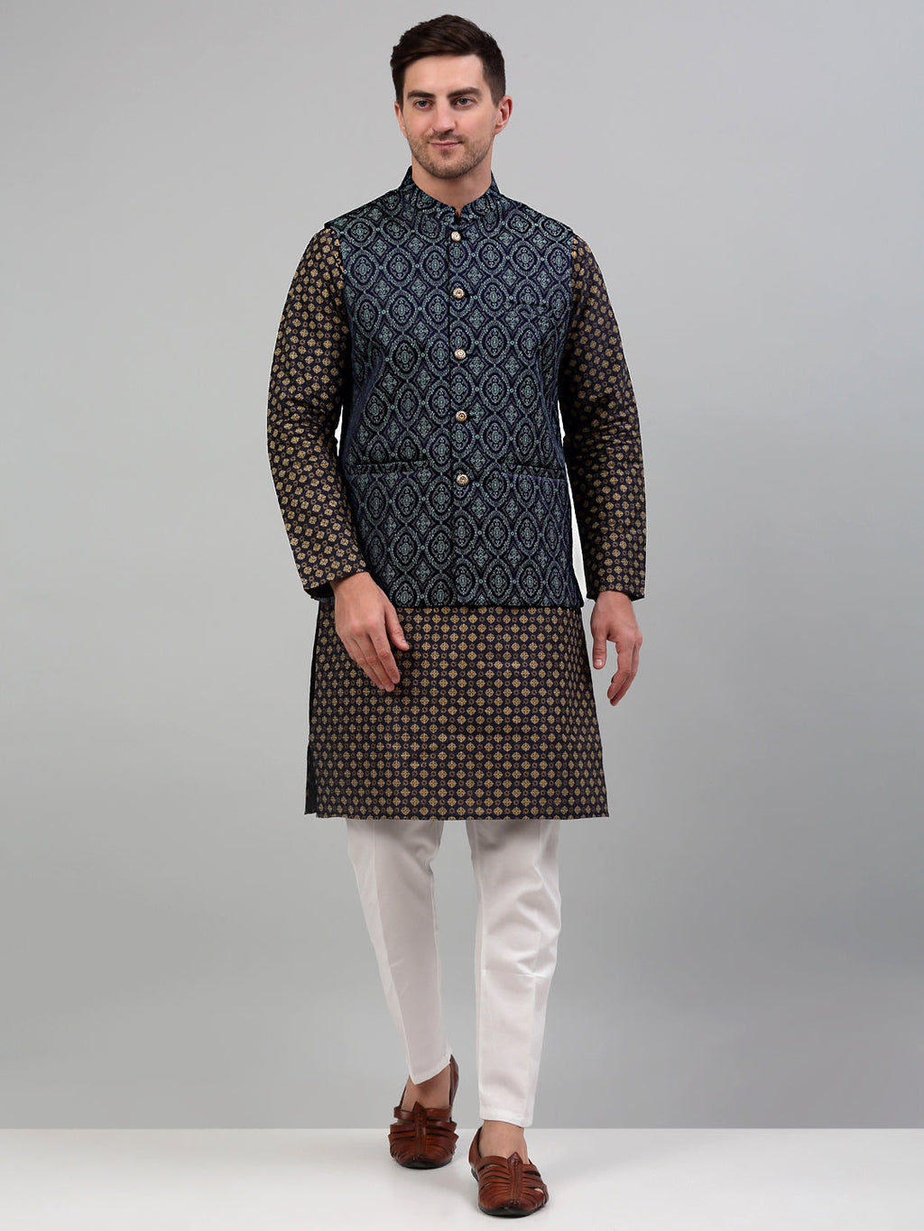Jompers Men's Woven Design Nehru Jacket with Printed Kurta Pyjama Set - Teal