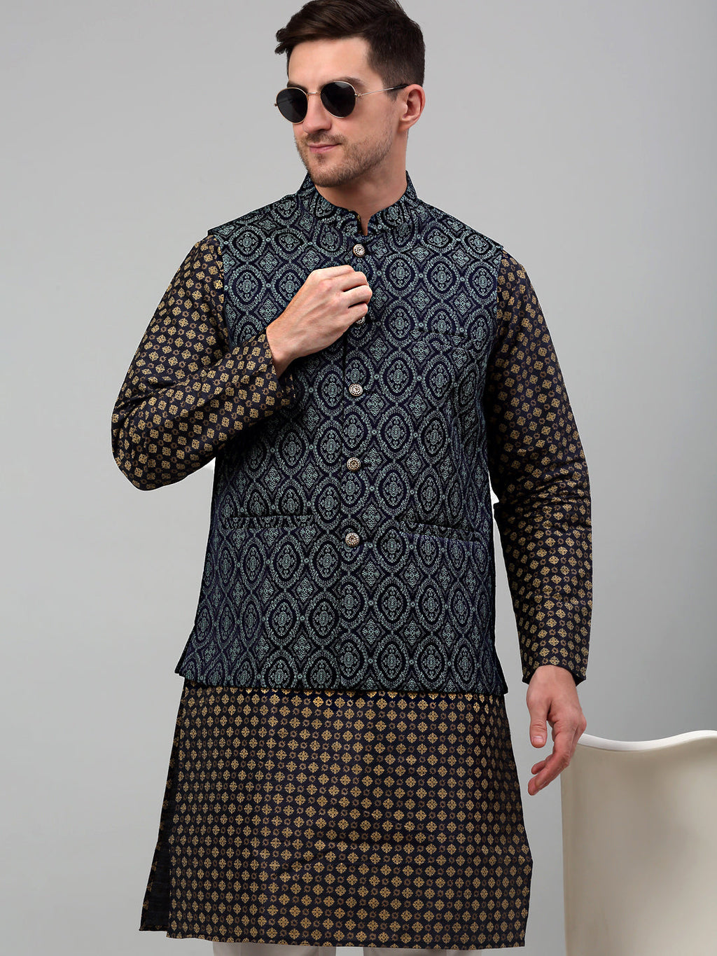 Jompers Men's Woven Design Nehru Jacket with Printed Kurta Pyjama Set - Teal