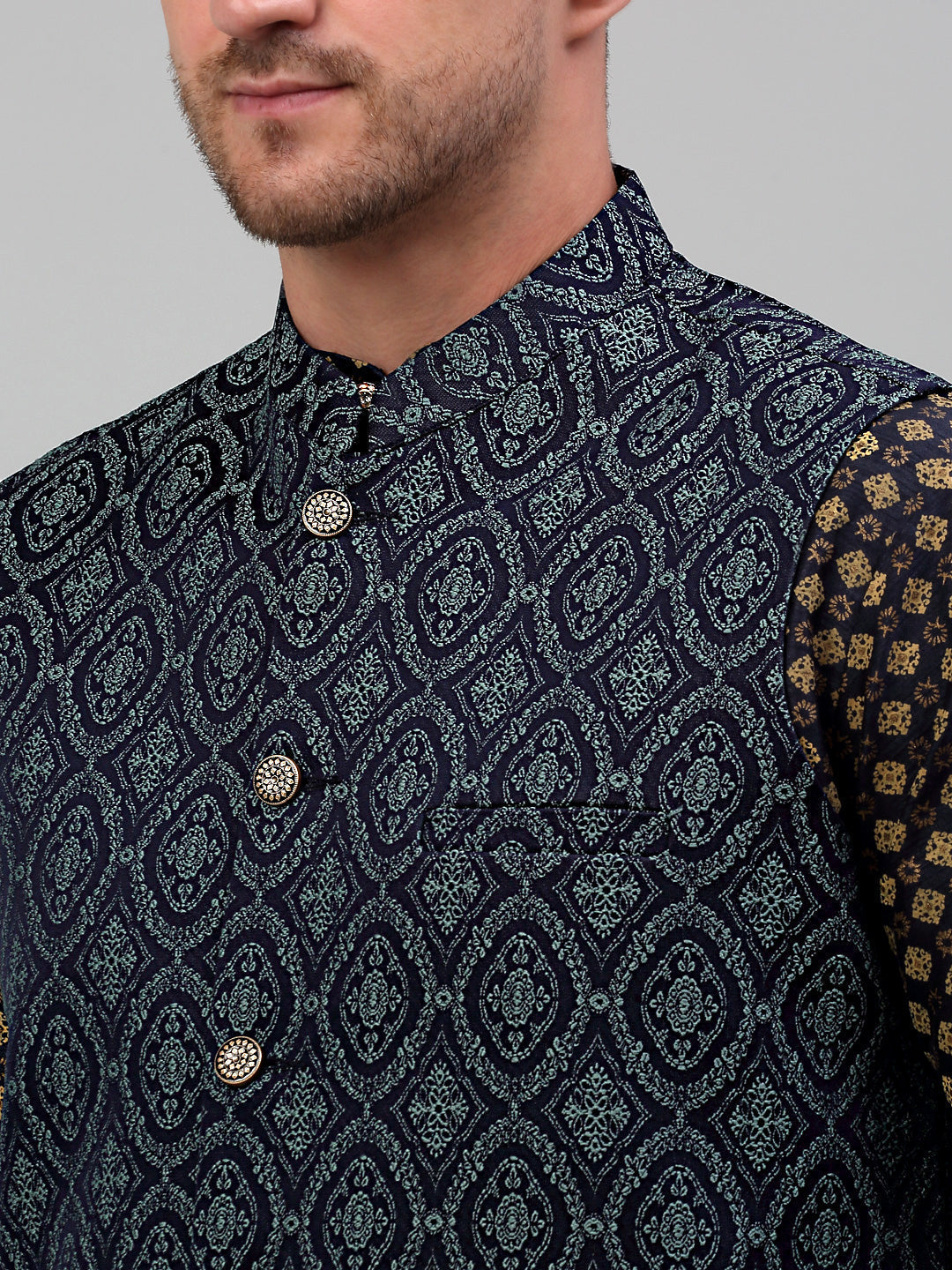 Jompers Men's Woven Design Nehru Jacket with Printed Kurta Pyjama Set - Teal