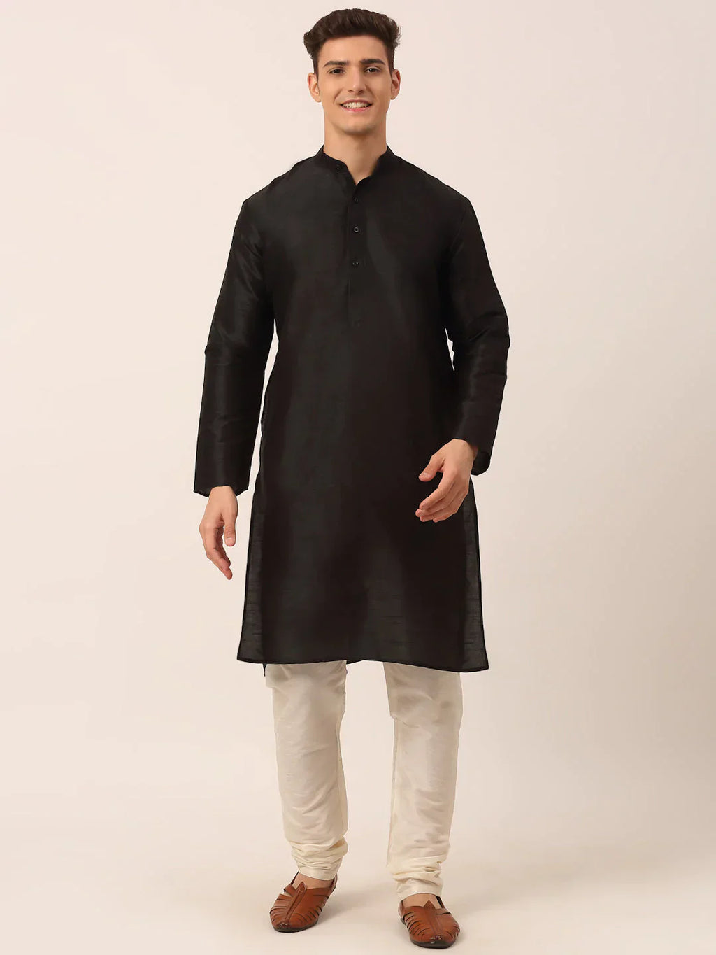 Jompers Men's Solid Kurta Pyjama With Green Woven Design Nehru Jacket