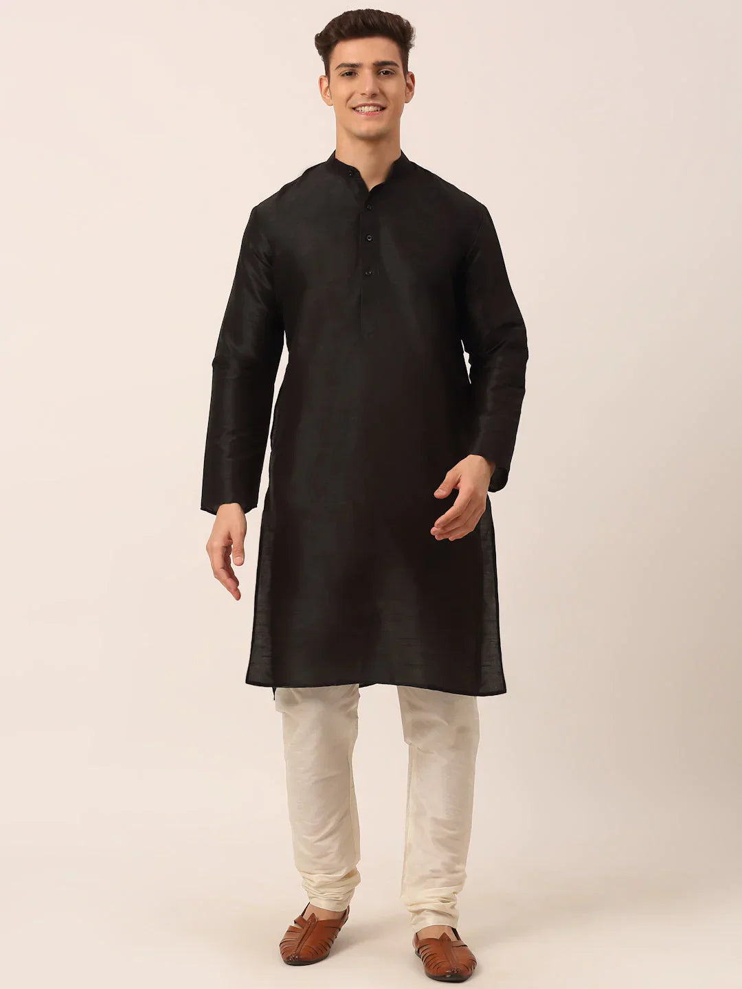 Jompers Men's Solid Kurta Pyjama With Green Woven Design Nehru Jacket