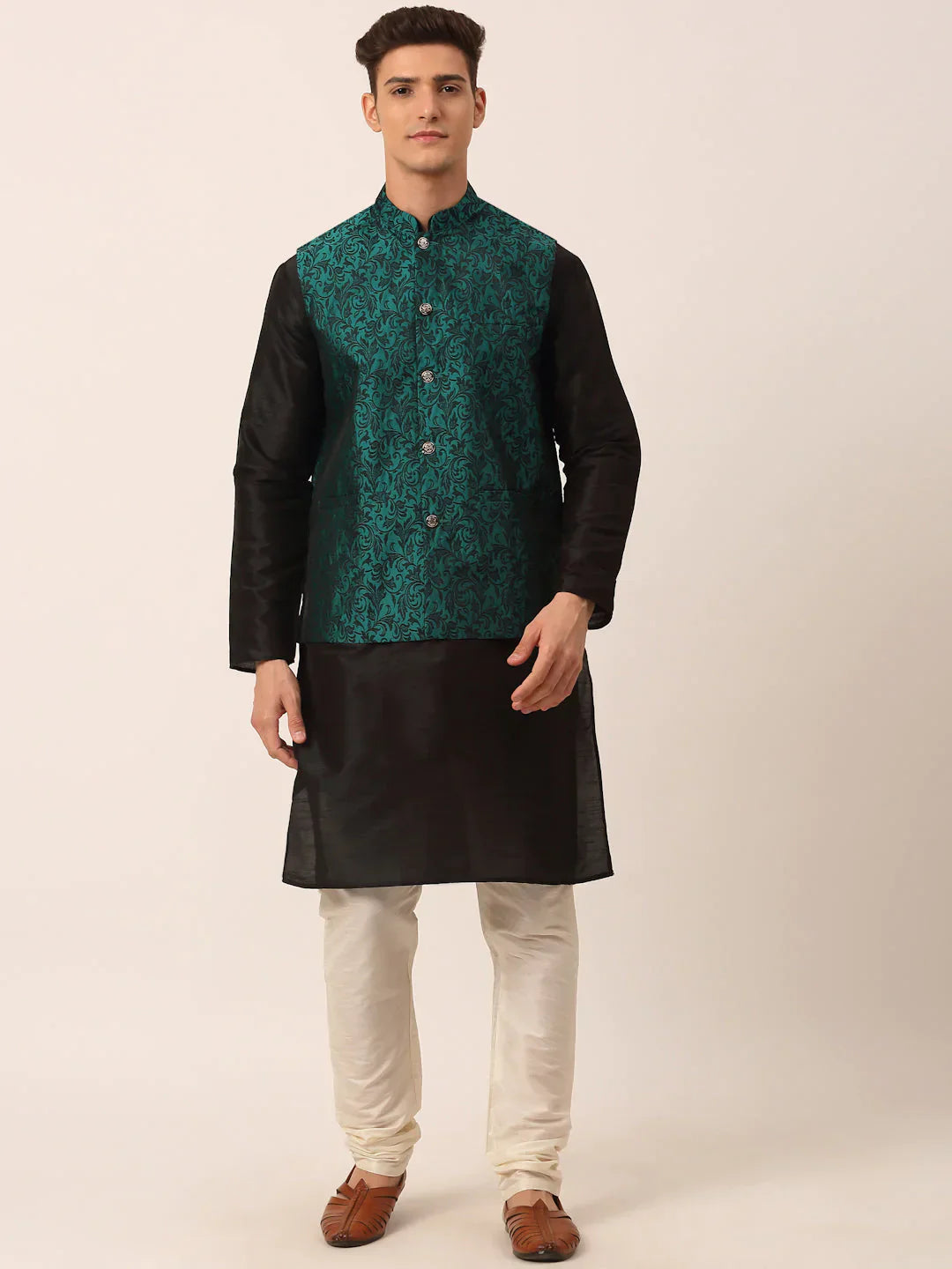 Jompers Men's Solid Kurta Pyjama With Green Woven Design Nehru Jacket